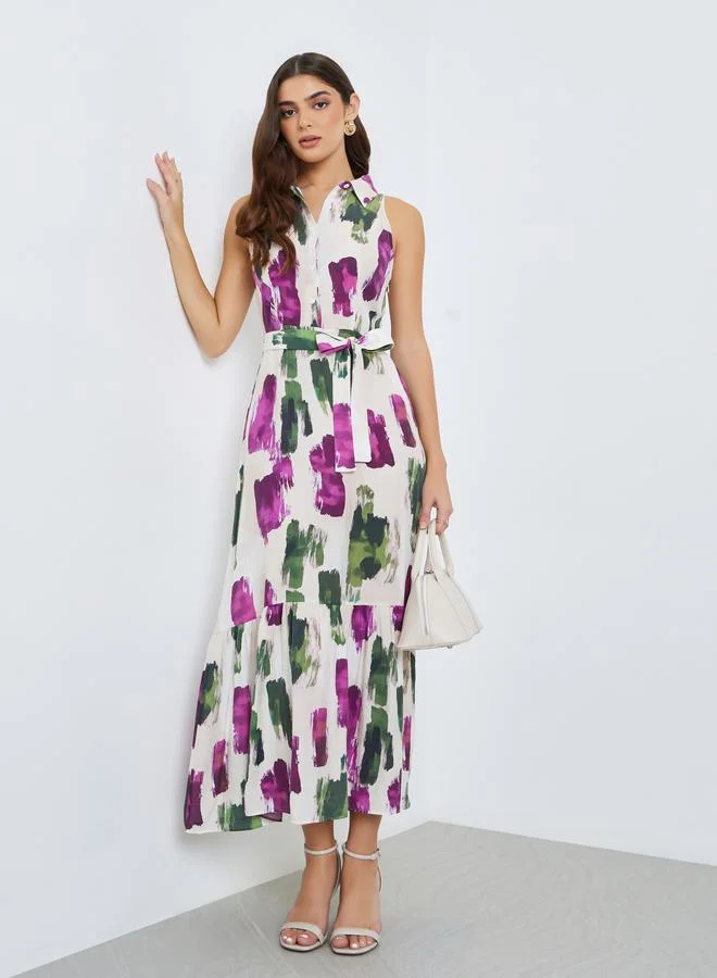 ستايلي فستان طويل نسائي بتصميم قميص بلا أكمام وطبعة ضربات فرشاة